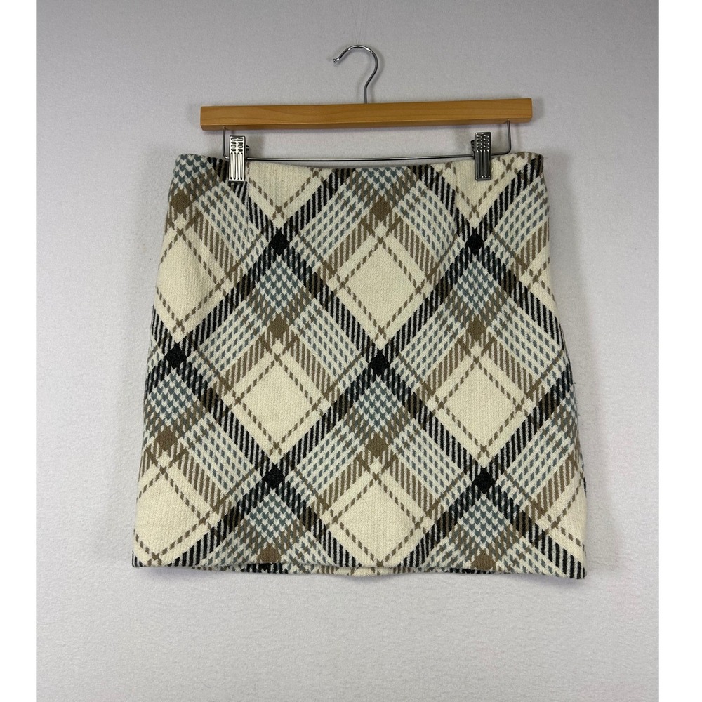 Dark Academia H&M Women 10 Cream Blue Plaid Wool Blend Lined Mini Skirt 08926487